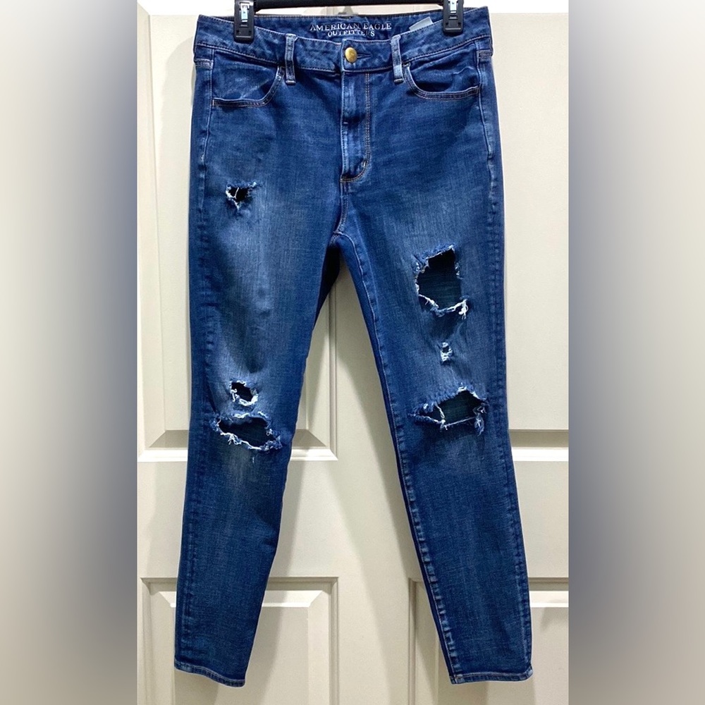 American Eagle 360 Super Stretch 12 Edgy Ripped Blue Denim Hi-Rise Jeggings